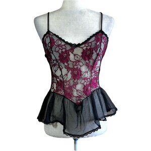 Nani Flower Vtg 80s Pink/Black Lace Cami Babydoll Lingerie Slip